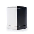 D'vine Dev 8.2 Inch Ceramic Planter Pot with Drainage Hole and Saucer, Indoor Cylinder Round Planter Pot, Split Monochrome Black & White, 94-O-D-0