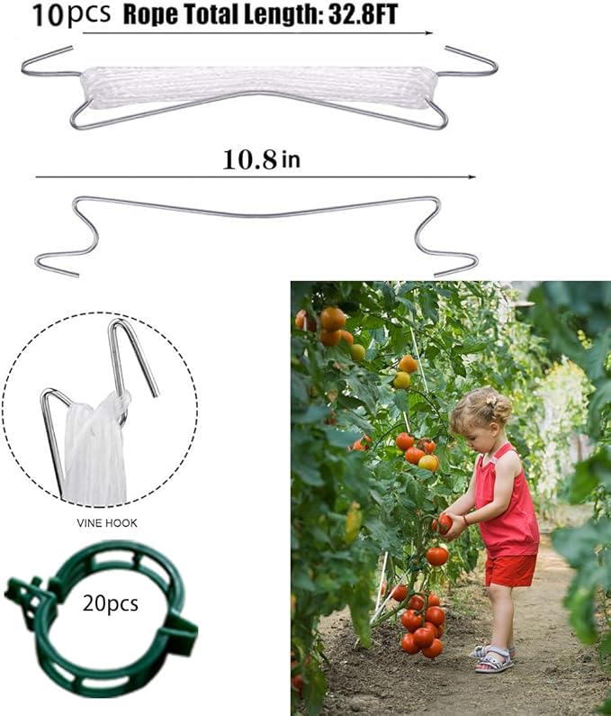 30Pcs Tomato Hooks with String,Plant Support Clips, with 33 Feet Garden Twine - Heavy Duty Plant Trellis for Tomatoes, Cucumbers, Peppers, Vines ，Reusable