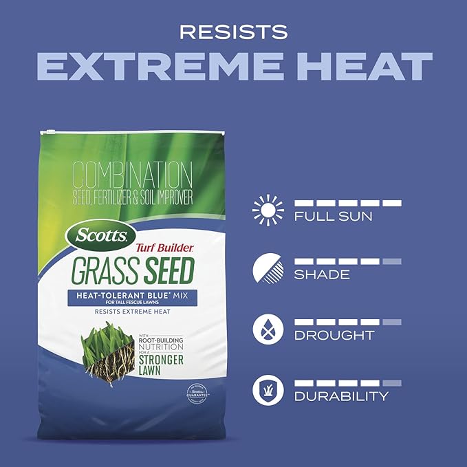 Scotts Turf Builder Grass Seed Heat-Tolerant Blue Mix for Tall Fescue Lawns with Fertilizer and Soil Improver, 2.4 lbs.