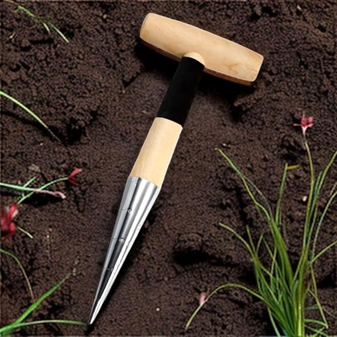 Hand Dibber Bulb Planter Tool Dibber Gardening Hand Tools with 5 Inch Measurements Stainless Steel Sow Dibbler with Non-Slip Handle Seed Planter Tool Seed Dispenser Hole Digger (Yellow)