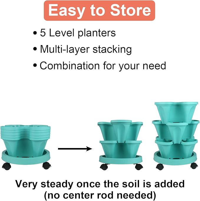 DUNCHATY Stackable Planter, Vertical Garden Planter with Wheels and Tools, Self Watering Strawberry Planter Indoor/Outdoor 5 Tier Herb Planter Pots for Growing Vegetables and Succulents, Teal