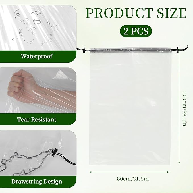 2 Pcs Winter Plant Covers Freeze Protection with Drawstring, 31.5"x39.4" Clear Plastic Film Shelter Bags, Waterproof Plant Frost Protection Covers for Outdoor Garden Shrubs Crops