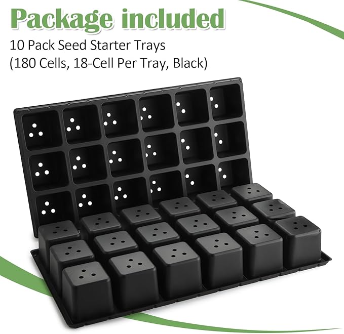 RooTrimmer 10 Pack 18 Cell Seed Starter Trays - 2.9 "Deep 3 Inch Big Cell Plastic Nursery Trays, 20" x 10", for 1020 Flat Trays Seed Germination, Planting Seedlings & Propagation