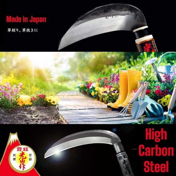 HONEN Japanese Nejiri Kama Weeding Sickle, Sharp Composite Steel Hand Weeder for Precise Weed Removal in Tight Spaces, Wood Handle, Made in Japan
