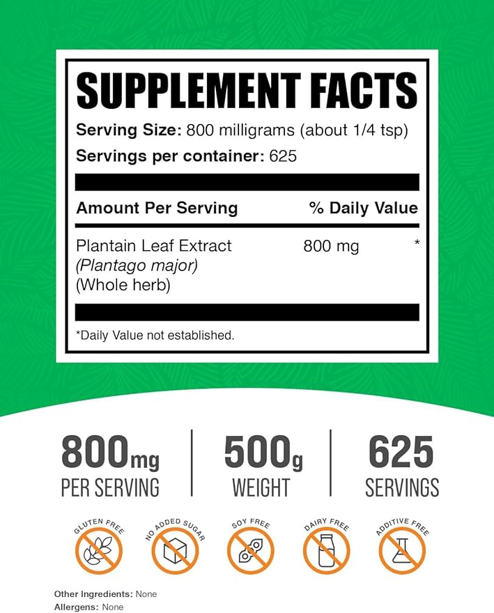 BulkSupplements.com Plantain Leaf Extract Powder - Plantain Leaf Supplement, Plantain Leaf Powder - Herbal Supplement, Gluten Free, 800mg per Serving, 500g (1.1 lbs) (Pack of 1)