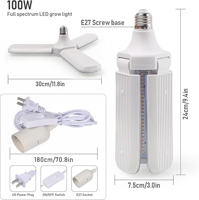 xingruyu 2 Pack 150W LED Grow Light Bulb Foldable Sunlike Full Spectrum Grow Light for Indoor Plants, 414 LEDs Sunlike Plant Light with Power Cord, E27 Plant Lamp for Flowers,Greenhouse Hydroponic