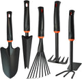 5 Pack Garden Tool Set, Gardening Hand Tools with Rubber Handle, Including Trowel, Rakes, 2-in-1 Hoe and Crack Weeder for Planting, Weeding, Transplanting, Digging, Trimming and Clearing
