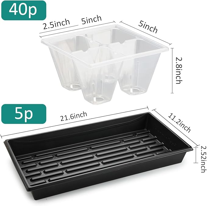 RooTrimmer 5 Pack Heavy Duty 1020 Trays and 40 Pack Clear 4 Cell Seed Starter Trays with Drainage Holes - Reusable Seed Starter Kit for Seed Germination & Plant Propagation (5 Sets)