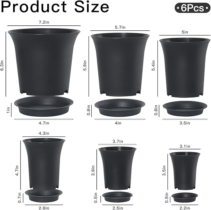 Planter Pot Sets, 6 Sizes Flower Pots with Drainage Holes and Saucers, Garden Plant Pots 3.1/3.7/4.3/4.9/5.7/7.2 Inches, for Home Garden Kitchen Decor (Dark Grey)