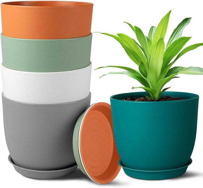 Plant Pots 6 Inch Set of 5, Flower Pots with Multi Mesh Drainage Holes, Planters for Indoor Outdoor Garden Plants and Flowers (Multicolor)