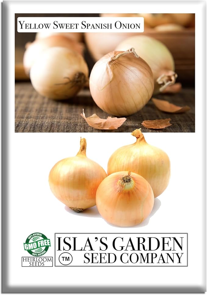 Yellow Sweet Spanish Onion Seeds (Allium cepa) – 750+ Non-GMO Heirloom Seeds by Isla’s Garden Seeds, Mild & Sweet Flavor, Large Golden Bulbs, Excellent for Cooking, Slicing & Storage, Garden Gift Idea
