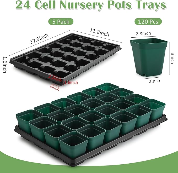 RooTrimmer 2.8 inch (7CM) Square Nursery Pots 120pcs (Green) and 24 Cell Nursery Pots Trays 5 Pack, Plastic Seedling Starter Tray with Drain Holes for Carrying and Holding Plant Pot(17"x11"x1.6")