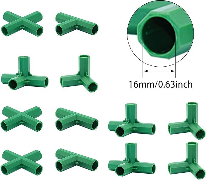 12PCS Fitting 16MM 4 Types Stable Support Heavy Duty Greenhouse Frame Building Connector Suitable for Grape Trellis Sunscreen Shed Gardening