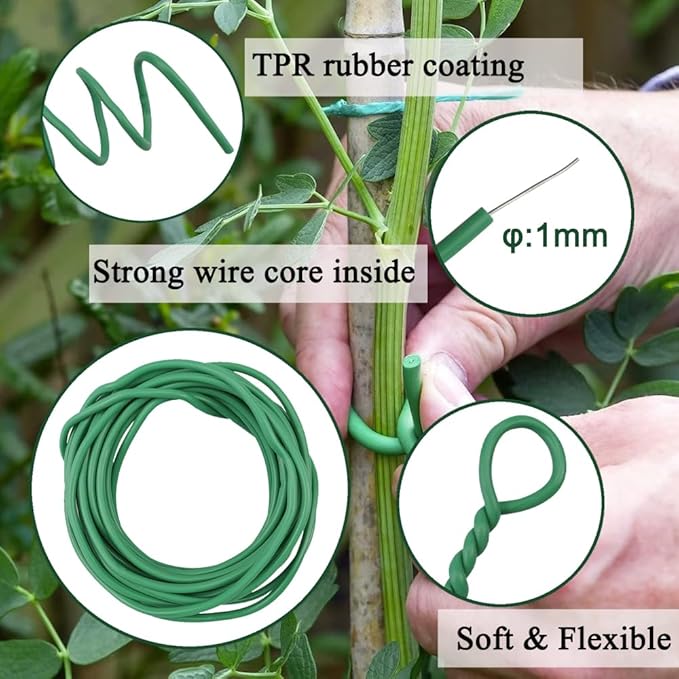 32.8FT Soft Twist Ties for Plants – Durable Flexible TPR Rubber Coated Garden Wire with UV Protection, Reusable Plant Tie for Securing Tomatoes, Delicate Stems, Vines, Flowers, 0.1 in Diameter