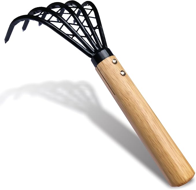 SHANFEEK Garden Rake 5-Claw Landscape Dethatcher Thatching Beach Combing Rake for Digging Clam Shell Defoliation Hoe Garden Tool for Loosen The Soil (Brown)