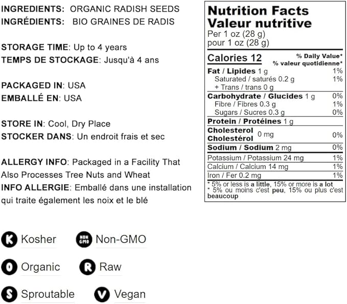 Food to Live Organic Radish Seeds for Sprouting, 8 Ounces Non-GMO, Edible Seeds, Pure, Vegan, Kosher, Bulk. Spicy, Rich in Vitamin C. High Germitation Rate. Grow Sprouts, Microgreens for Salad