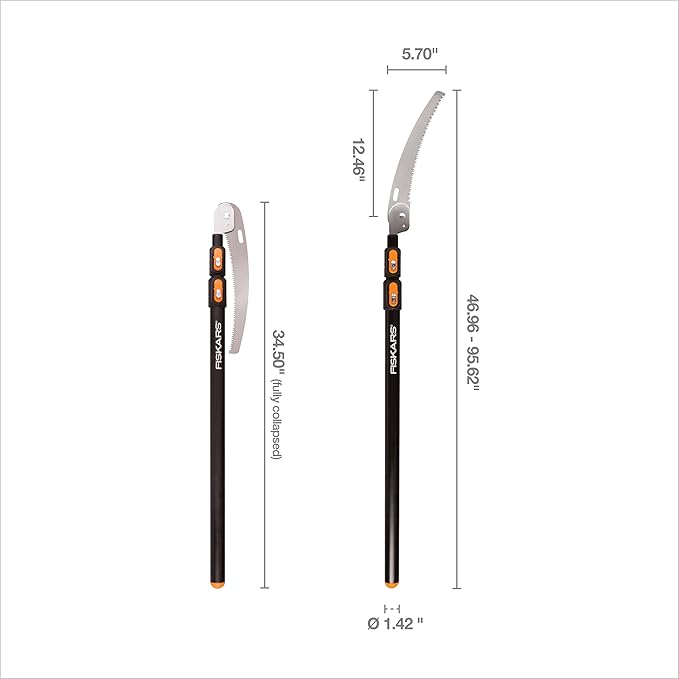 Fiskars Telescopic Pole Pruner (Extends from 3-feet to 8-feet), Hand Saw For Tree Cutting with 12-Inch Double-Grind Saw