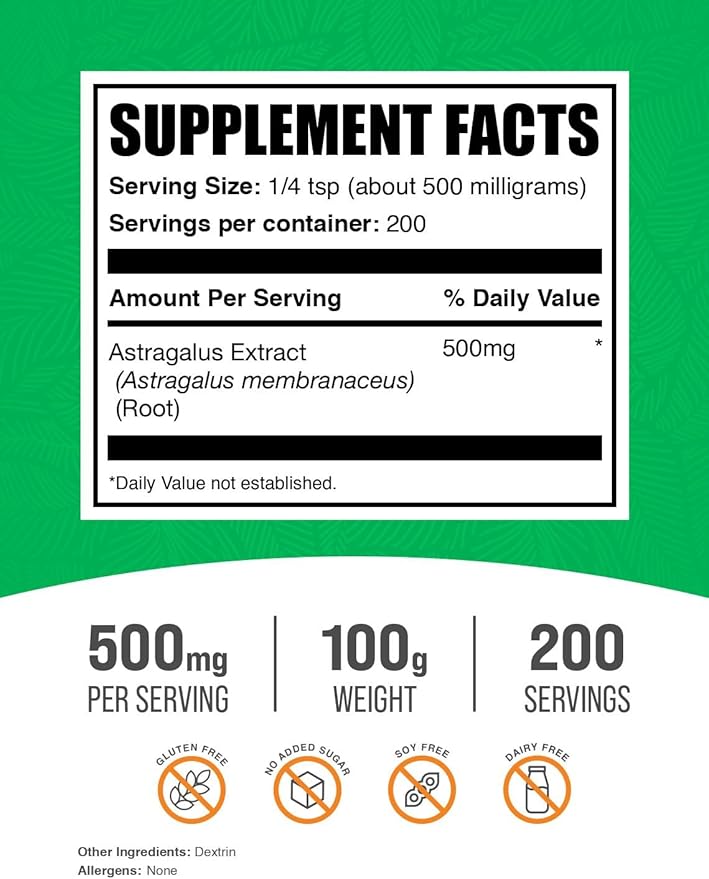 BulkSupplements.com Astragalus Extract Powder - Astragalus Root Powder, Herbal Supplement - Vegan & Gluten Free, 500mg per Serving, 100g (3.5 oz) (Pack of 1)
