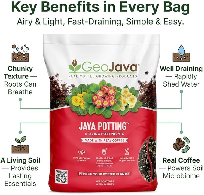 Java Potting Soil: A Chunky, Coffee‑Infused Living Potting Mix for Aroids, Monstera, Calathea, Tropical and Indoor Plants. Airy & Light with Excellent Drainage & Aeration. USA Made (6 QT)