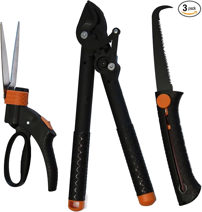 3-Piece Lightweight Garden Tool Kit with Rotating Grass Shears, Compact Lopper & Retractable Pruning Saw for Backyard Trimming & Light Yard Care