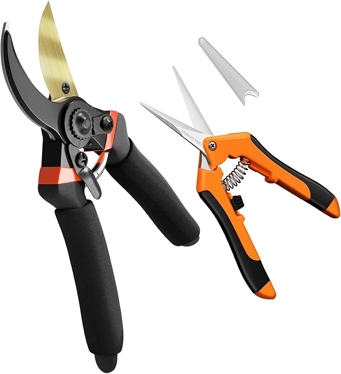Hand Pruner， Pruning Shear，Garden clippers, snip scissors, ratchet pruning shears, work 3 times easier, gardening tools, sharp garden scissors, arthritis weak hand snips (Orange black)