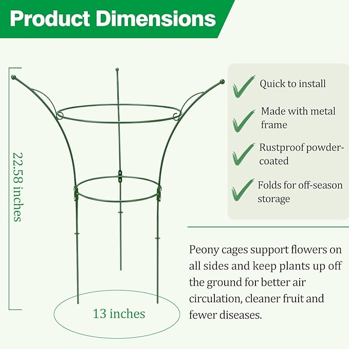 2 Pack Peony Cages and Supports Cages 13" D x 22.8" H Sturdy Metal Support Frame for Peonies & Roses Natural Bouquet Shape Garden Stakes for Outdoor Plants Flowers Ornamental (Green)