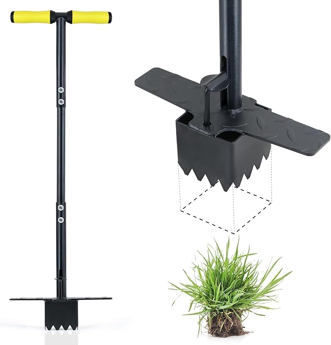 Colwelt Sod Plugger Tool 36-INCH, Grass Plug Tool 3 x 3 Square with Serrated Base, Bulb Planter Tool Long Handle with Dual Pedals & Easy Foot Ejector, Sod Turf Cutter for Lawn Planting Grass Repair