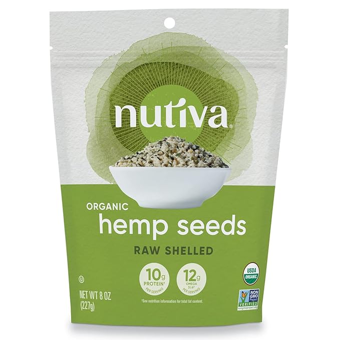 Nutiva Organic Raw Shelled Hemp Seed, USDA, Non-GMO, Non-BPA, Whole 30 Approved, Vegan, Gluten-Free & Keto, 10g Protein and 12g Omegas per Serving for Salads, Smoothies & More, Nutty flavor, 8 Ounce