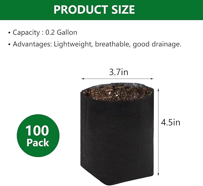 Belit 0.2 Gallon Nursery Growing Bags, 100 Pcs Non-Woven Plant Bag for Gardening, Potato, Flower, Tomato Plant Starts