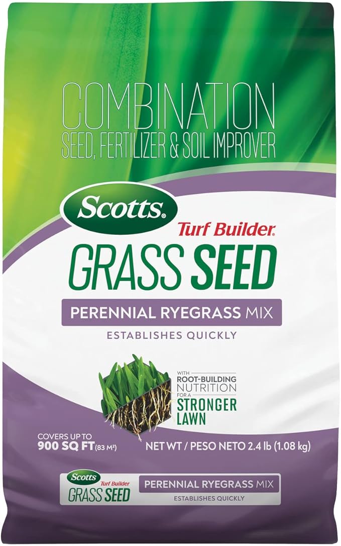 Scotts Turf Builder Grass Seed Perennial Ryegrass Mix with Fertilizer and Soil Improver, Establishes Quickly, 2.4 lbs.