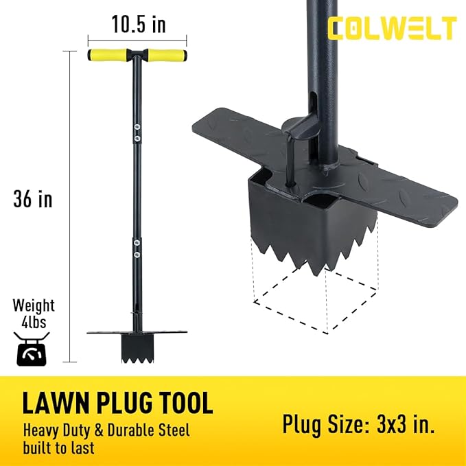 Colwelt Sod Plugger Tool 36-INCH, Grass Plug Tool 3 x 3 Square with Serrated Base, Bulb Planter Tool Long Handle with Dual Pedals & Easy Foot Ejector, Sod Turf Cutter for Lawn Planting Grass Repair