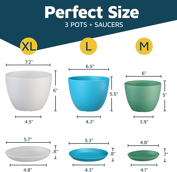 Multicolor Plant Pots with Drainage Holes & Saucers 3 Pack, Indoor & Outdoor Stackable Space-Saving Planters for Houseplants & Flowers, (7", 6.7", and 6" Inches), Durable & Weatherproof Materials