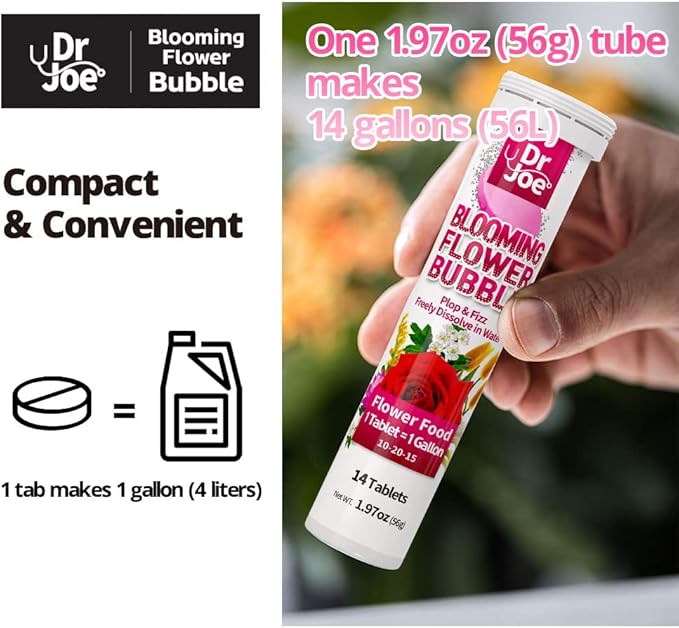 Dr. Joe Blooming Flower Bubble Plant Food – Water Soluble Fertilizer (14 Fizzing Tablets, Makes 14 Gallons, 10-20-15)