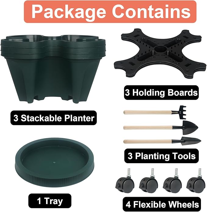 GameXcel Vertical Planter 3 Tier Stackable Planters Garden Planters Strawberry Herb Flower and Vegetable Planter Indoor Outdoor Gardening Pots with Removable Wheels and Tools