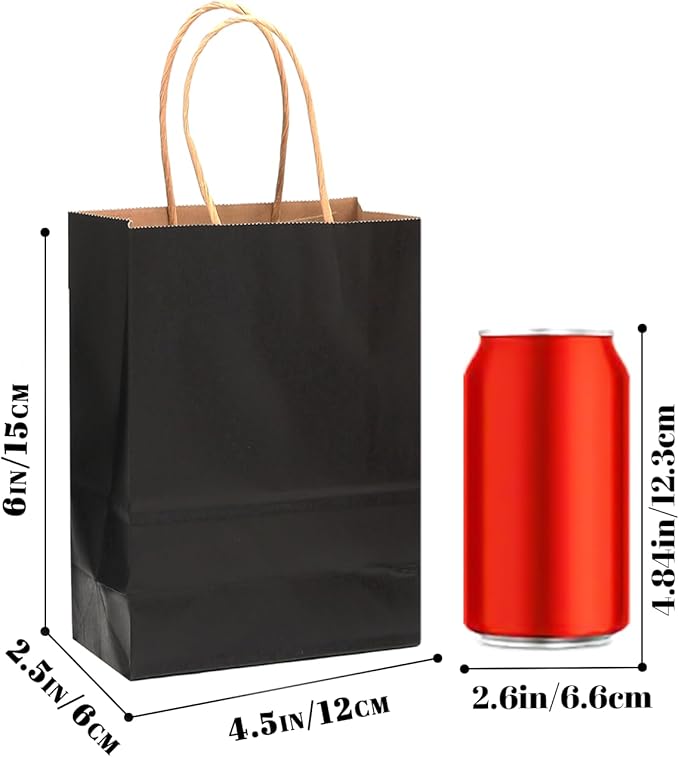 qiqee 200-Packs Black Paper Gift Bags with Handles Bulk 4.5"x2.5"x6" Mini Size Paper Bags Multiple Uses