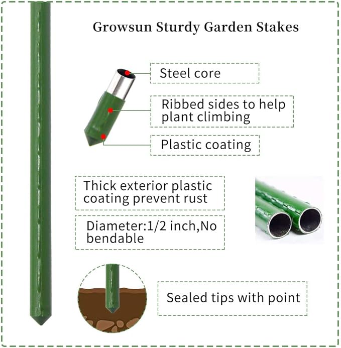 Growsun 4ft Garden Stakes Metal Plastic Coated Plant Cage Supports Tomato Stakes Trellis Climbing for Tomatoes,Trees,Cucumber,Fences,Beans,25 Pack