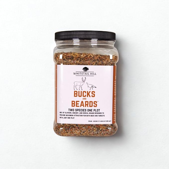 Whitetail Hill Bucks and Beards Food Plot Seed Mix for Deer and Turkeys, 1/4 Acre or 2 Acres, Two Species One Plot, Mix of Clovers, Chicory, and Cereal Grains, Maximum Attraction