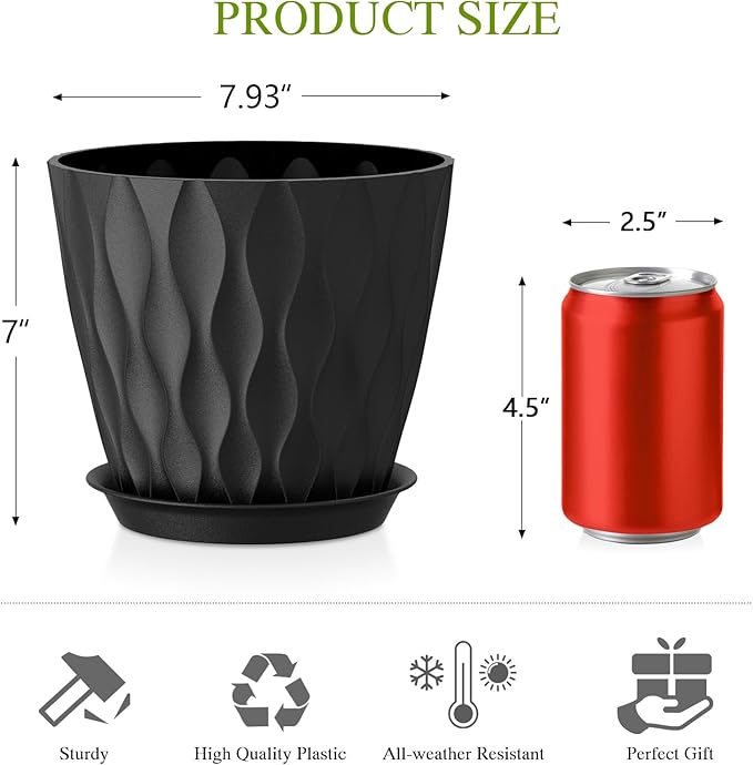 8" Water Wave Plant Pots with Drainage Holes & Saucers, 4 Pack Modern Textured Medium Planters for Indoor Outdoor Plants, Decorative Flower Pots Repotting Set for Flowers, Herbs (Black)