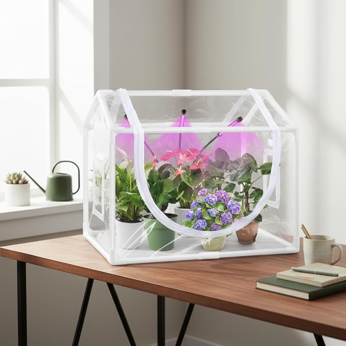 Tabletop Mini Greenhouse Indoor with Grow Light, Small Greenhouse Kit for Indoors, Tiny LED Plant Nursery with Timer & Zippered Door for Seed Starter, 25.6" L x 15.8" W x 20" H