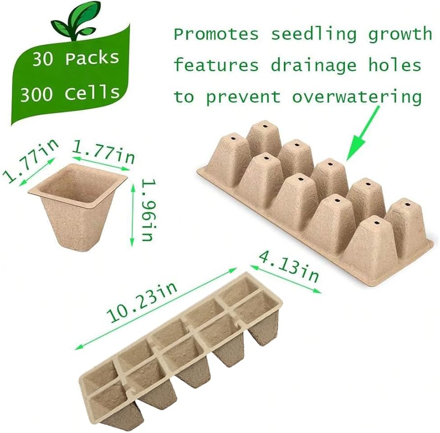 VENTVGAIN 300 Cells Peat Pots Seed Starter Tray 30 Packs Biodegradable Seedling Pots Germination Trays Peat Pot for Seedling Organic Seed Starting Trays kit with (30 packs-300cells)