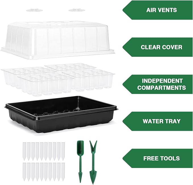 Delxo 3-Pack Seed Starter Tray Seedling Kit Tray (48 Cells) Humidity Adjustable Plant Germination Kit Garden Seed Starting Tray with Clear Dome and Black Base Plus Plant Tags Hand Tool Kit