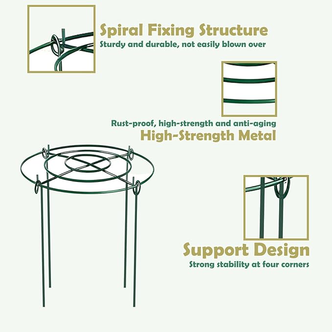 8PACK Peony Cages and Supports, Heavy Duty Metal Peony Support Cage, Plant Supports for Outdoor Plants, Plant Support Ring with Grid, for Rose Peony Flowers Tomato (11.5" Dx16 H, Green)