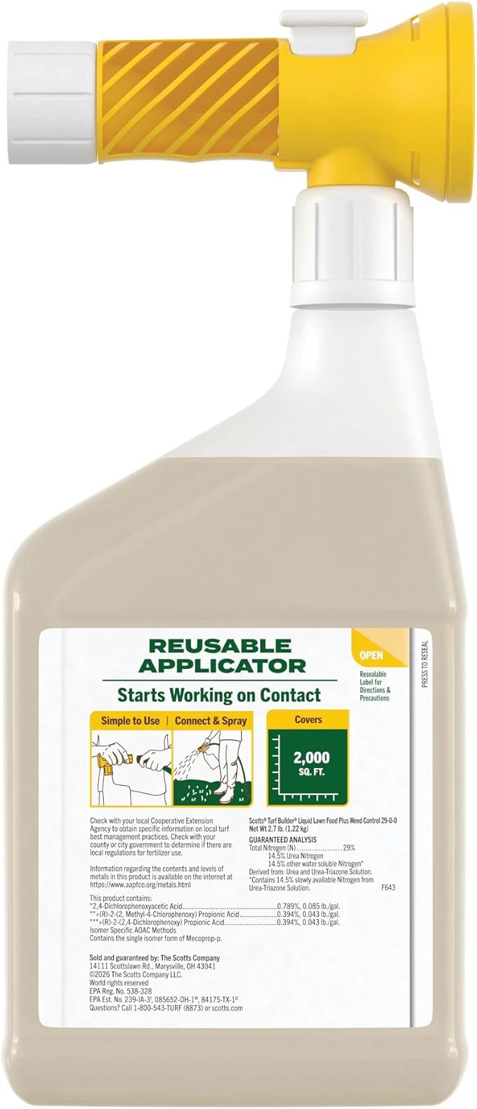Scotts Turf Builder Liquid Lawn Food Plus Weed Control - Weed and Feed Spray, Controls Dandelions, Clover, and Others as Listed, 32 fl. oz.