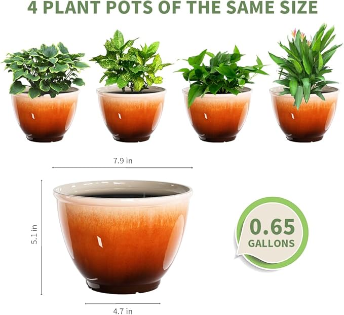 8 Inch Plant Pots with Drainage Hole, 4 Pack Plastic Flower Pots, Modern Sleek Decorative Planter for Indoor Outdoor Plants Succulent Snake (Orange)
