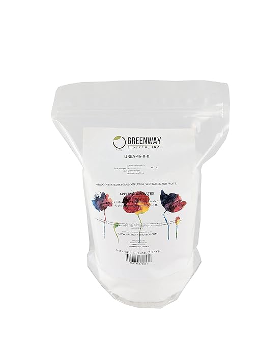 Greenway Biotech, Inc. Urea Fertilizer Plant Food High Efficiency 46% Nitrogen 46-0-0 for Indoor,Outdoor Plant - Prilled Aqua Regia Gold Refining 99.9% Water Soluble Garden Lawn Fertilizer (5 Pound)