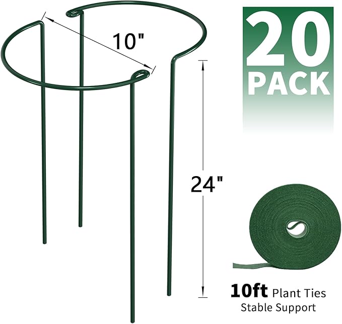 AMAGABELI GARDEN & HOME 20 Pack Plant Support Stakes 10" W x 24" H Heavy Duty Half Round Peony Cage Metal Garden Support Structures Plant Cage with Ties for Indoor Flower Tomato Hydrangea Monstera
