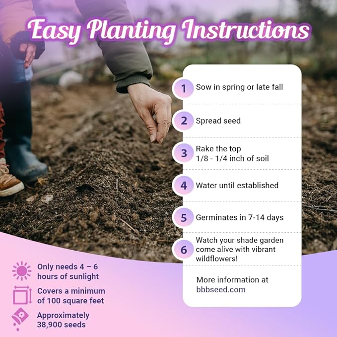 Partial Shade Wildflower Seeds -1 oz, Open-Pollinated Flower Seed Mix Packet, No Fillers, Annual, Perennial Wildflower Seeds Year Round Planting - 1 oz