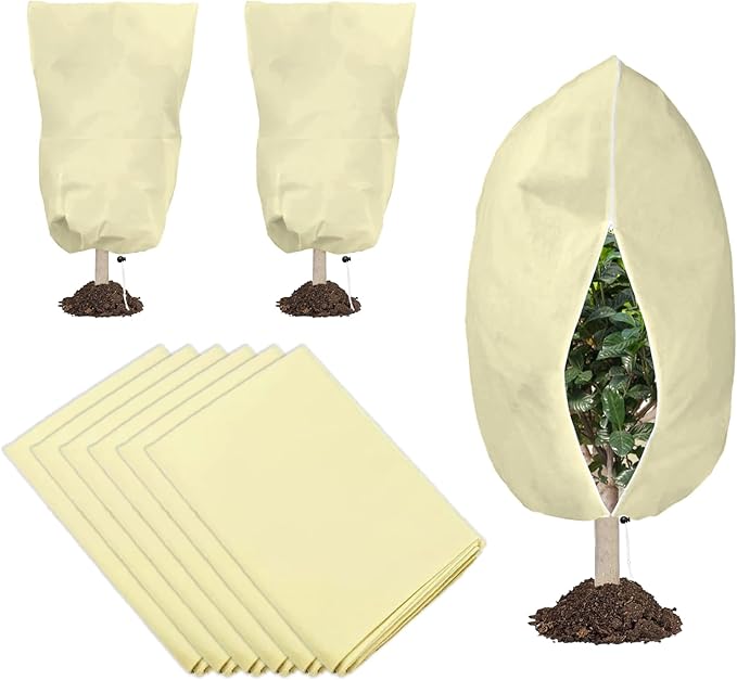 6 PCS Plant Covers Freeze Protection, 47.2"x31.5" Frost Blankets with Zipper Drawstring Reusable Winter Plant Protectors Bag Covers for Outdoor Garden Trees, Shrubs Cover for Frost Cold Pest, Beige