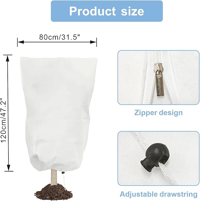 6 PCS Plant Covers Freeze Protection, 47.2"x31.5" Frost Blankets with Zipper Drawstring Reusable Winter Plant Protectors Bag Covers for Outdoor Garden Trees, Shrubs Cover for Frost Cold Pest, White