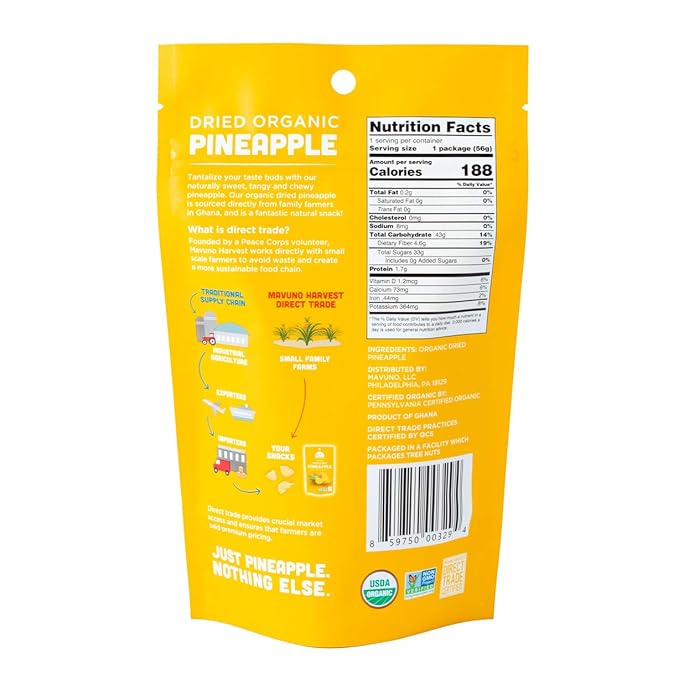 Mavuno Harvest Pineapple Dried Fruit Snacks | Organic Dried Pineapple Chunks| Gluten Free Healthy Snacks for Kids and Adults | No Sugar Added, Vegan, Non GMO, Direct Trade | 2 Ounce, Pack of 3